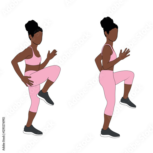 A Black African woman in pink clothing doing bodyweight high knees cardio exercise. Flat vector illustration isolated on white background.