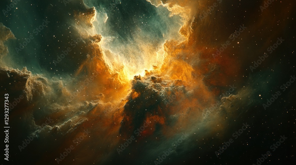 Fototapeta premium Majestic nebula in deep space, colorful clouds of gas and dust illuminated by bright stars, creating a mesmerizing cosmic scene