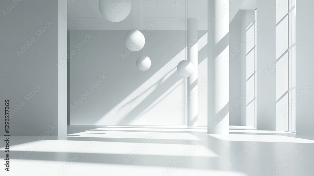 Fototapeta premium Bright Minimalist Interior with Hanging Spheres and Soft Shadows