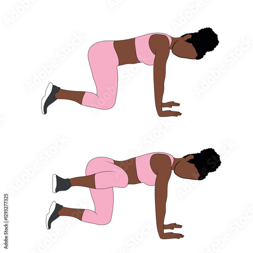 A Black African woman in pink clothing doing bodyweight fire hydrants exercise. Flat vector illustration isolated on white background.