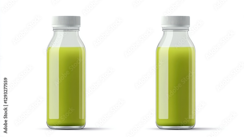Minimalist design of a transparent juice bottle, securely capped and filled with fresh green apple juice. Isolated on a clean white background Minimalist design of a transparent juice bottle, securely capped and filled with fresh green apple juice. Isolated on a clean white background