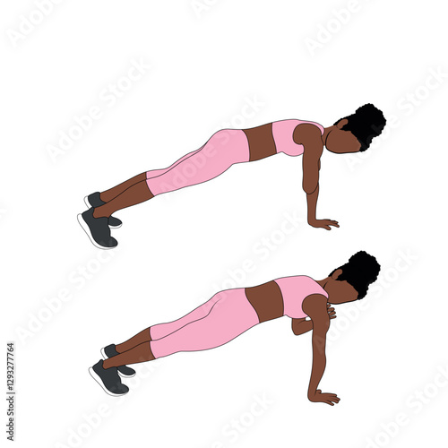A Black African woman in pink clothing doing plank shoulder taps exercise. Flat vector illustration isolated on white background.
