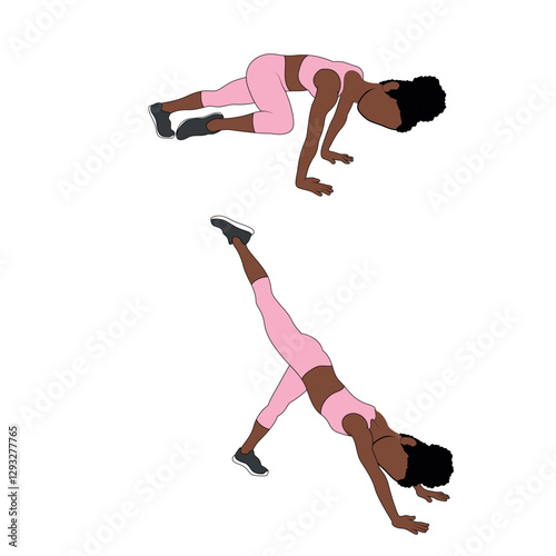 A Black African woman in pink clothing doing Mountain Climber to Kickout exercise. Flat vector illustration isolated on white background.
