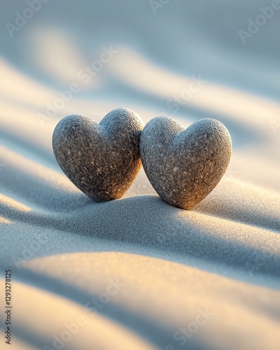 Two heart-shaped stones on soft sand.