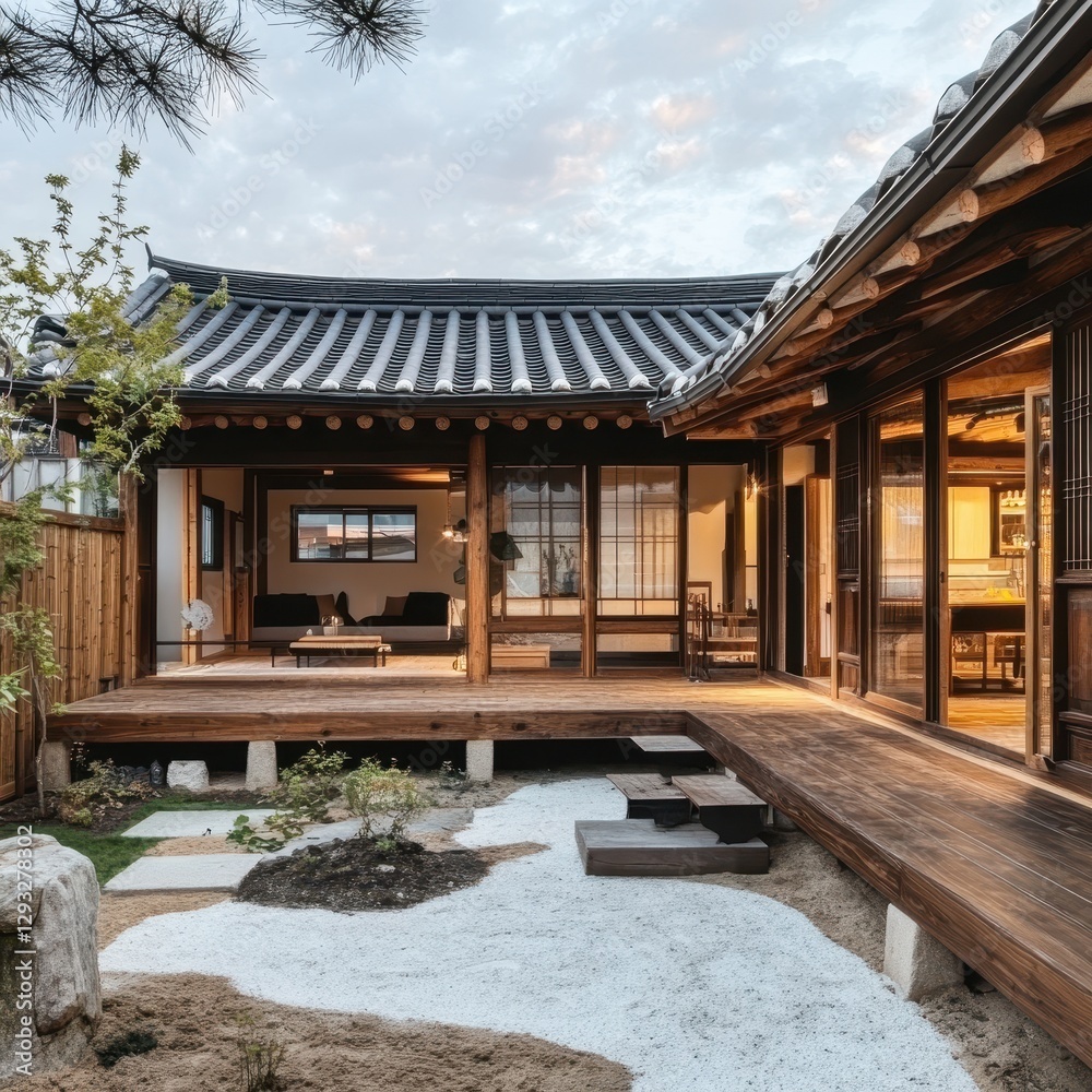Naklejka premium Traditional Korean House with Decks and Traditional Architectural Details