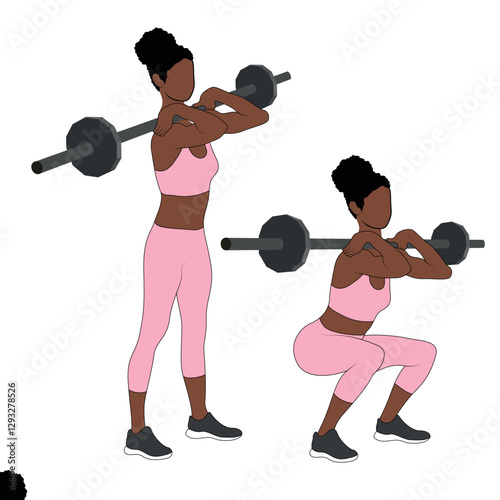 A Black African woman in pink clothing doing front squats with a barbell. Flat vector illustration isolated on white background