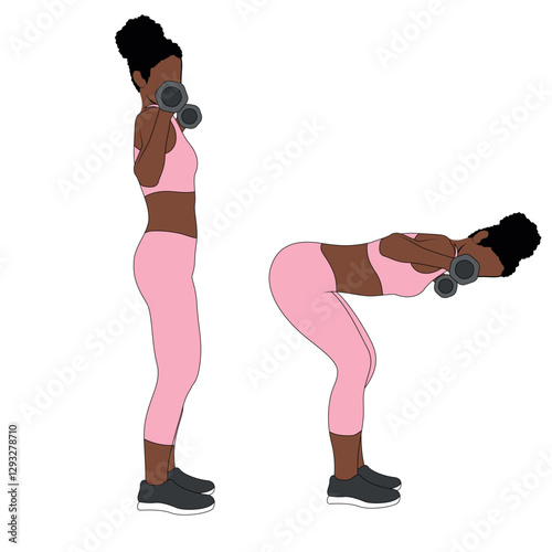 A Black African woman in pink clothing doing good mornings with dumbbells. Flat vector illustration isolated on white background
