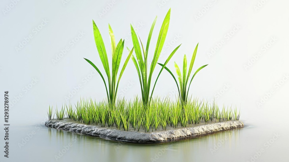 Fototapeta premium Lush green grass sprouting from a textured soil base on a white background.