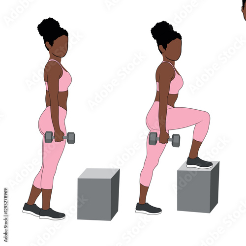 A Black African woman in pink clothing doing step ups exercise. Flat vector illustration isolated on white background