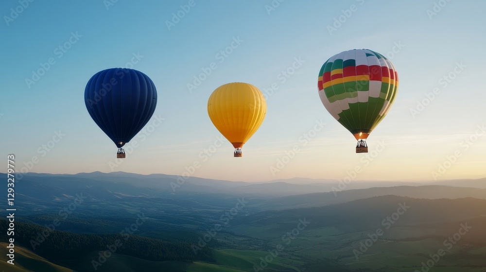 Fototapeta premium Colorful Hot Air Balloons Flying Over Scenic Mountain Landscape