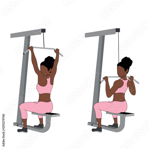 A Black African woman in pink clothing doing back lateral pulldowns on gym machine. Flat vector illustration isolated on white background