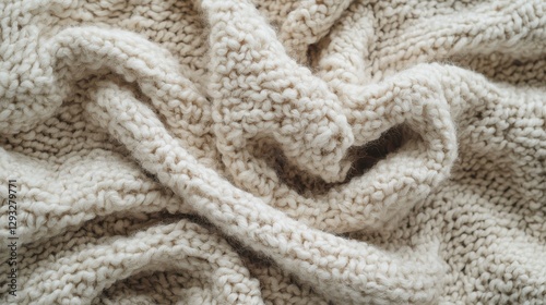 Textured Cream Knit Blanket Fabric Close-Up Abstract Background