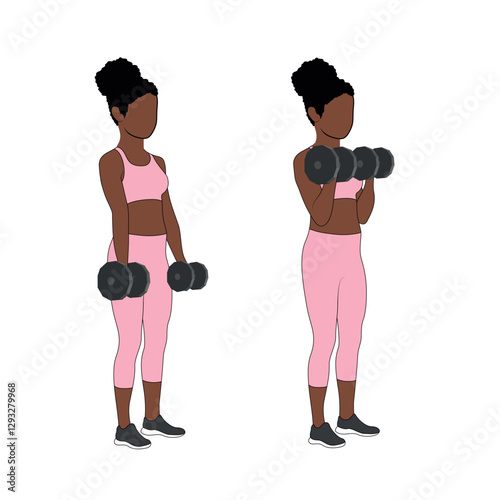A Black African woman in pink clothing doing standing bicep curls with dumbbells exercise. Flat vector illustration isolated on white background