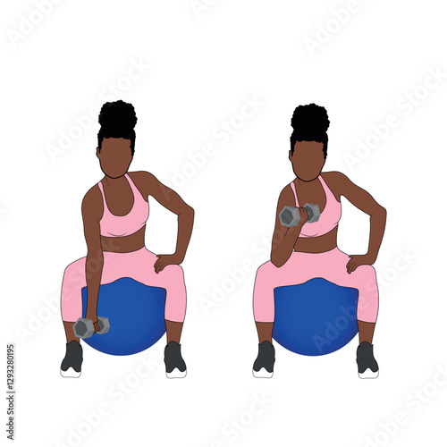 A Black African woman in pink clothing doing preacher curls with dumbbells exercise on a ball. Flat vector illustration isolated on white background