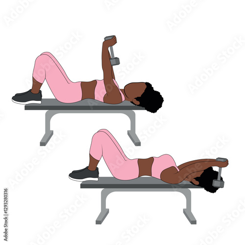 A Black African woman in pink clothing doing back pullovers with dumbbells exercise on a bench. Flat vector illustration isolated on white background