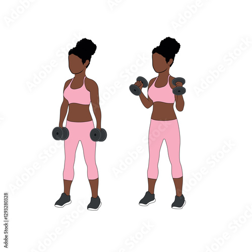 Black Female Character doing hammer curls with dumbbells exercise in pink clothing