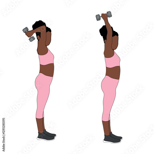 Black Female Character doing standing dumbbell triceps extensions exercise in pink clothing