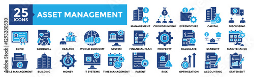 Asset Management icon collection set. Containing design Asset, Management , Crowdfunding, Expenditure, Capital, Discussing