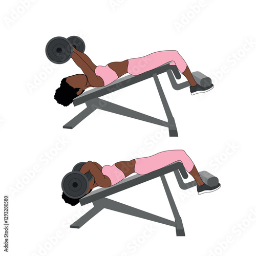 Black Female Character doing decline barbell chest press exercise in pink clothing