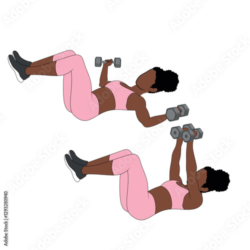 Black Female Character doing floor chest flies exercise in pink clothing