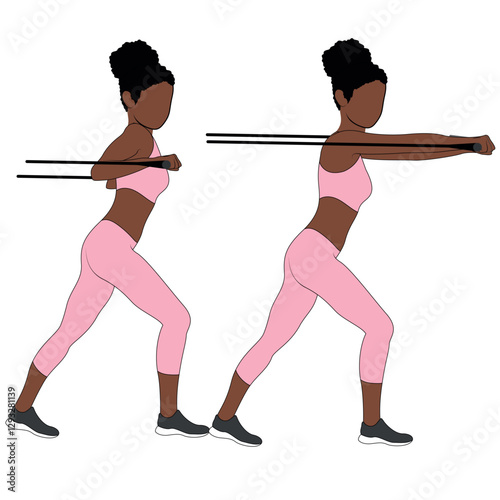 Black Female Character doing cable chest press exercise in pink clothing