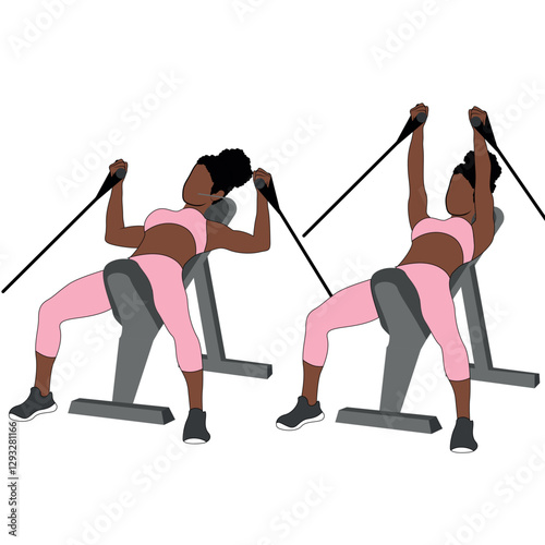 Black Female Character doing incline bench cable chest press exercise in pink clothing