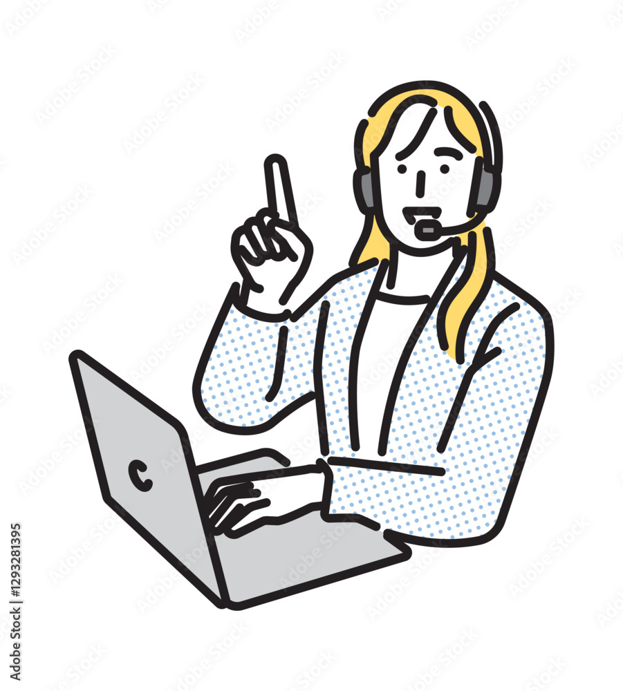 シンプル　イラスト　上を指差すオペレーターの女性