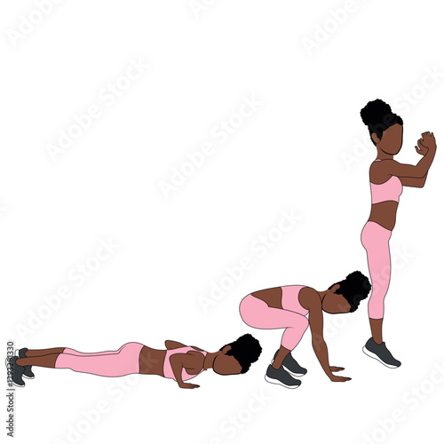 Black Female Character doing burpees cardio exercise in pink clothing