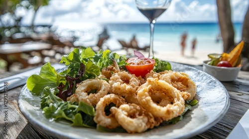 Obraz na płótnie Crispy Calamari Salad with Ocean Views - A Beachfront Dining Delight w salonie