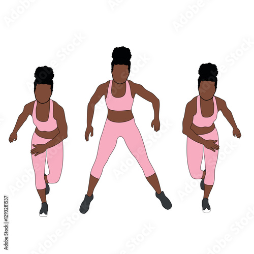 Black Female Character doing skater jumps cardio exercise in pink clothing