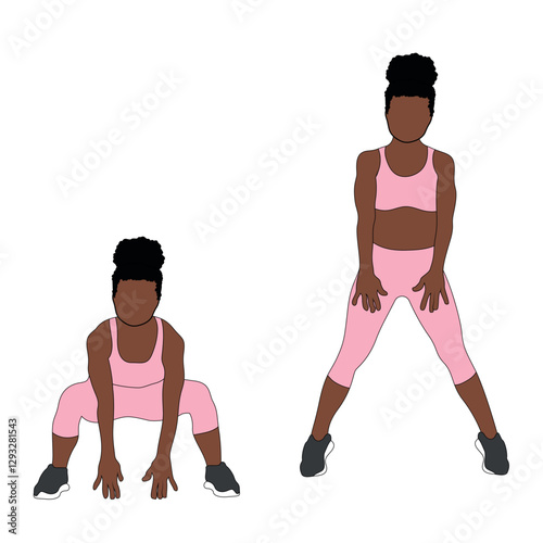 Black Female Character doing frog jumps cardio exercise in pink clothing