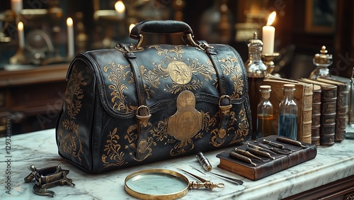 a beautifully crafted renaissance-era physician’s satchel adorned with intricate gold engravings, displayed alongside antique medical instruments, glass apothecary bottles, aged books, and a magnifyi photo