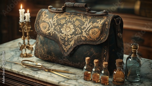  a beautifully crafted renaissance-era physician’s satchel adorned with intricate gold engravings, displayed alongside antique medical instruments, glass apothecary bottles, aged books, and a magnifyi photo