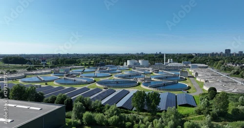 Large scale waste water treatment plant. removes and eliminates contaminants from wastewater. Aerial drone view.