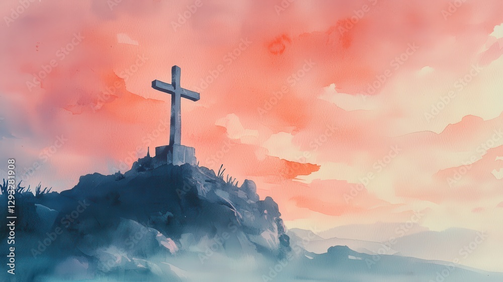 Obraz premium Serene Landscape with Cross Silhouette Against Colorful Sky