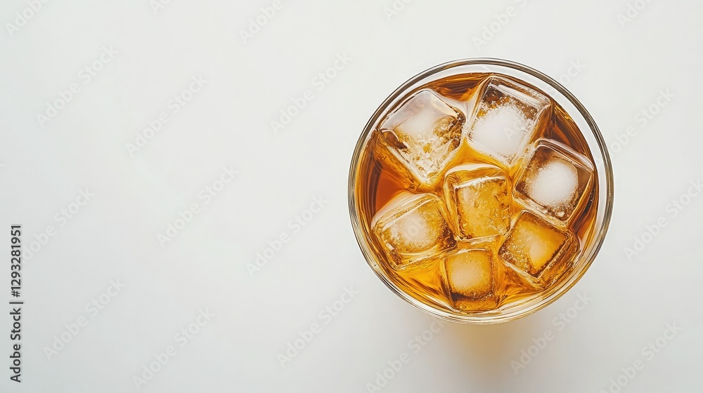 Top-down view of a glass of iced cold brew coffee with ice cubes floating on the surface. White background, minimalist aesthetic Top-down view of a glass of iced cold brew coffee with ice cubes floating on the surface. White background, minimalist aesthetic