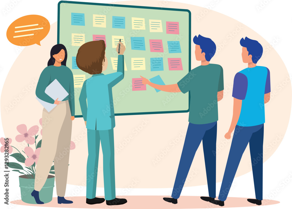 Business Workshop Concept. Vector cartoon illustration of a close-up group of diverse people standing near a board with sticky notes and discussing an idea. Business Workshop Concept. Vector cartoon illustration of a close-up group of diverse people standing near a board with sticky notes and discussing an idea.