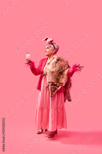 Glamorous elderly woman in pink outfit standing against pink background, raising glass of milk in theatrical pose. Bold aesthetics. Pop art photography. Concept of extravagance, self-indulgence.
