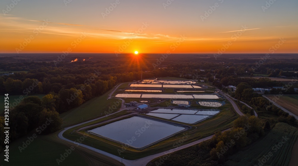 Fototapeta premium Aerial view of serene water treatment facility at sunset, surrounded by lush greenery and fields