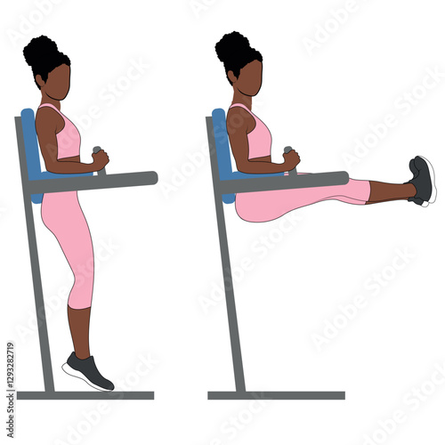Black Female Character doing power tower straight leg raises exercise in pink clothing
