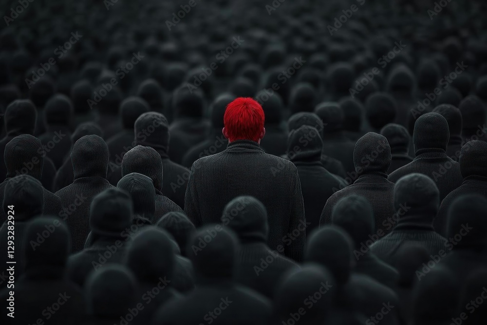 Obraz premium Redhead stands out in a sea of black hoodies
