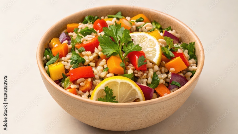 Healthy snack options whole grains concept. Vibrant grain salad with colorful vegetables and lemon garnish in a rustic bowl. Healthy snack options whole grains concept. Vibrant grain salad with colorful vegetables and lemon garnish in a rustic bowl.