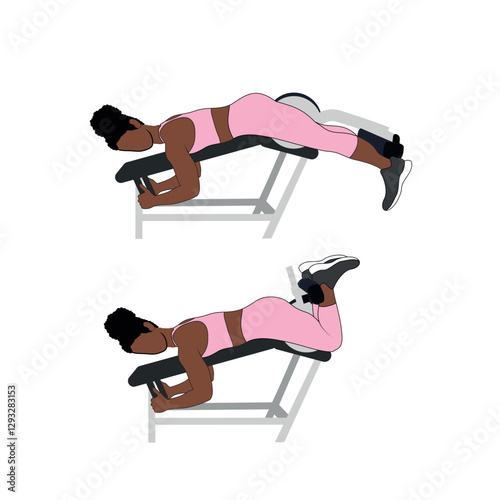 Black Female Character doing leg curls exercise in pink clothing