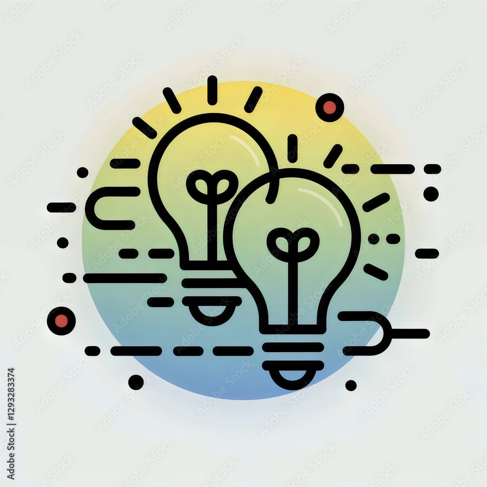 Obraz premium Collaboration icon with overlapping lightbulbs and digital elements – Ideal for teamwork, brainstorming, and innovation concepts.