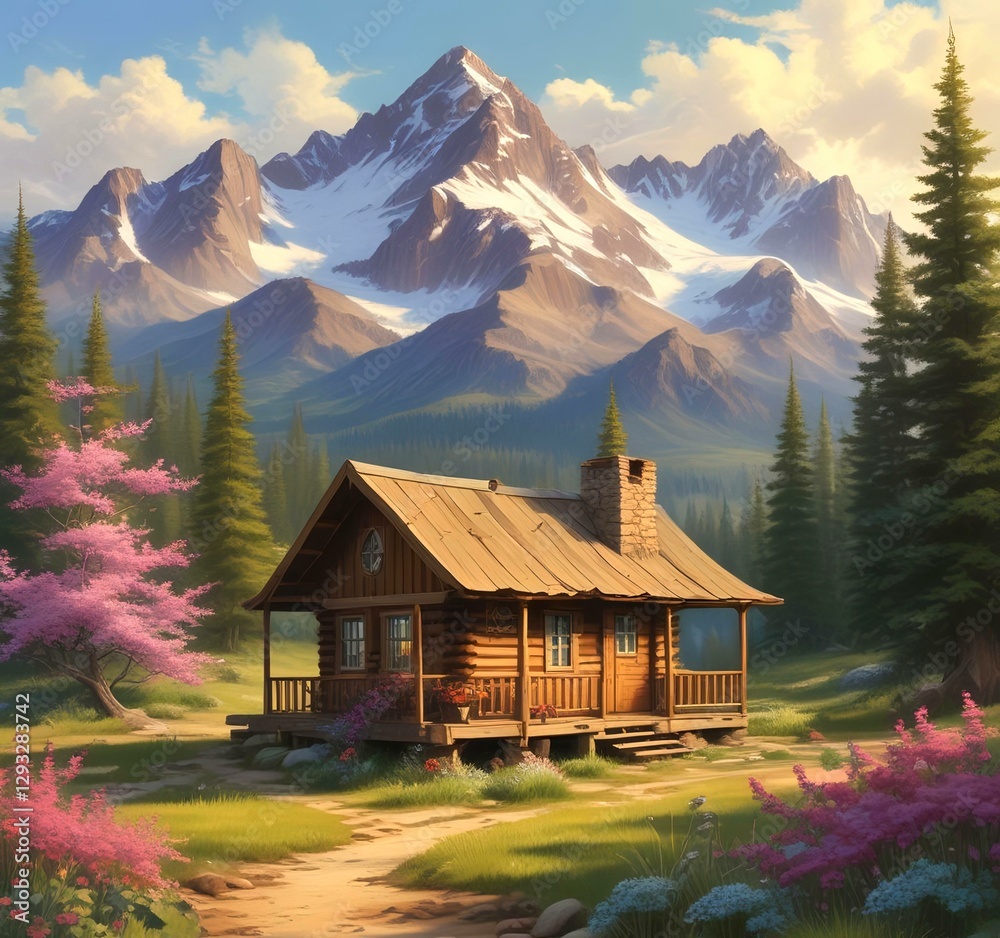 Fototapeta premium Wild landscape with stunning view and woden cottage.