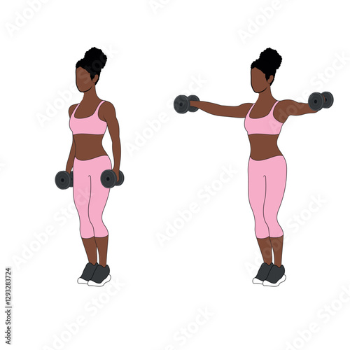 Black Female Character doing the dumbbell shoulder lateral raises exercise in pink clothing