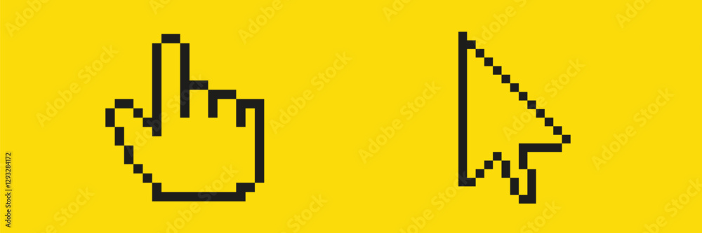Black pixel art hand and arrow cursor icons displayed on a bright yellow background. Black pixel art hand and arrow cursor icons displayed on a bright yellow background.