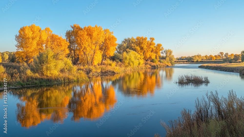 Autumnal River Reflection: Golden Trees Mirrored in Calm Waters Autumnal River Reflection: Golden Trees Mirrored in Calm Waters