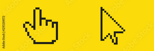 Black pixel art hand and arrow cursor icons displayed on a bright yellow background.