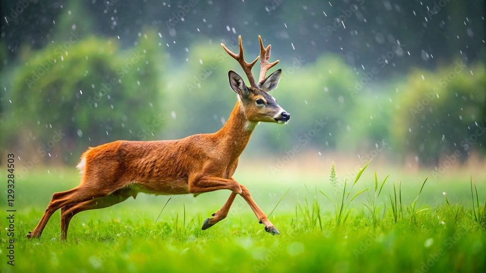 Roe Deer Buck Running Fast in Summer Rain, Wild Animal Sprint, Green Field, Nature Wildlife Roe Deer Buck Running Fast in Summer Rain, Wild Animal Sprint, Green Field, Nature Wildlife